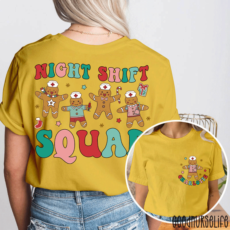 Personalized Night Shift Squad Gingerbread Nurse Two Sided T-Shirt