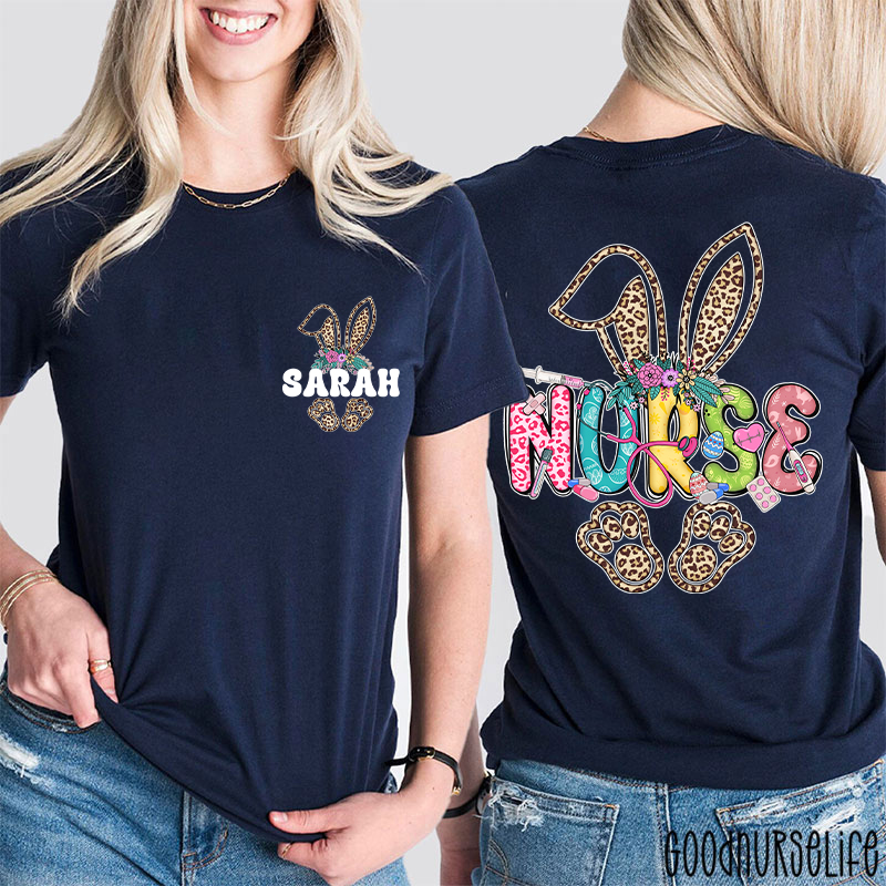 Personalized Easter Nurse Bunny Nurse Two Sided T-Shirt