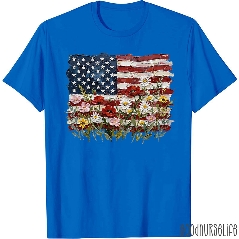 American Flag Floral Nurse T-Shirt
