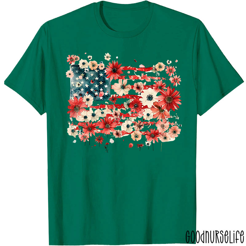 American Flag Floral Nurse T-Shirt