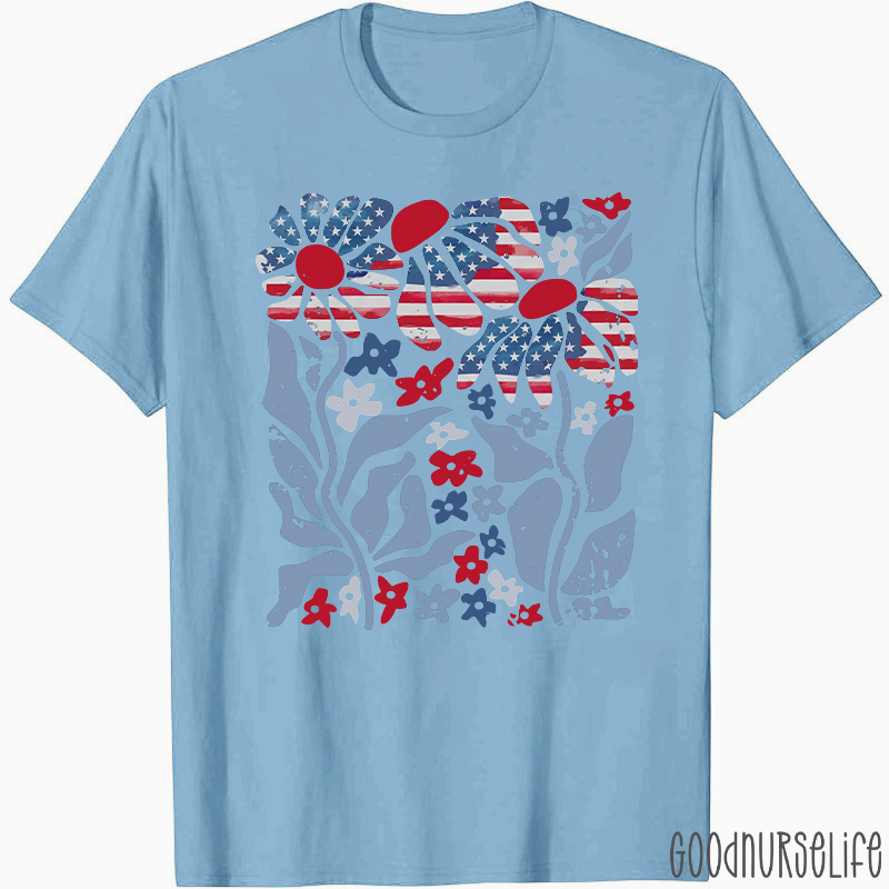 Boho Patriotic Daisy American Flag Floral Nurse T-Shirt