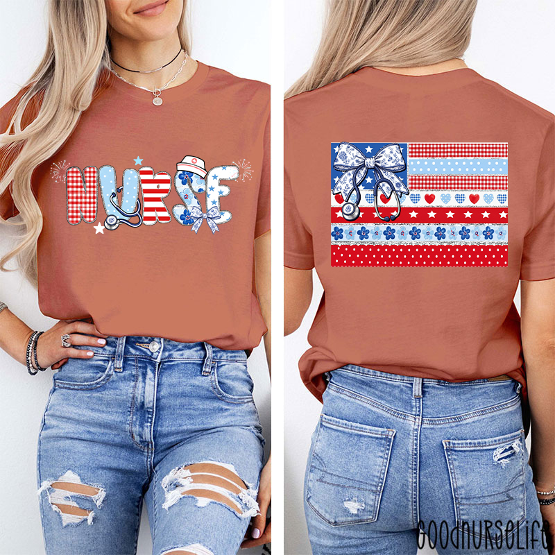 American Flag Floral Nurse Two Sided T-Shirt