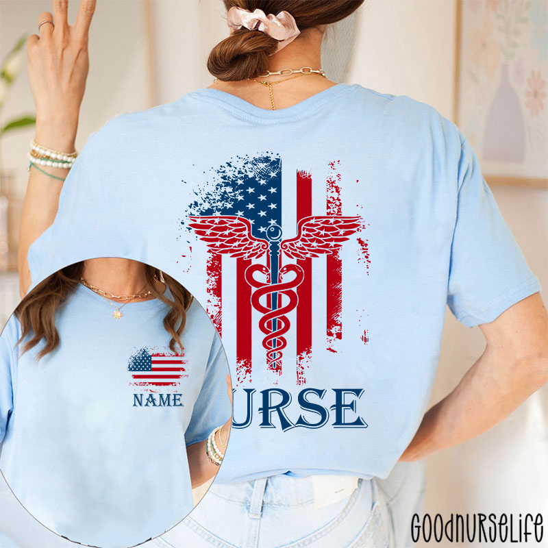 Personalized Name American Flag 4th Of July Nurse Two Sided T-Shirt