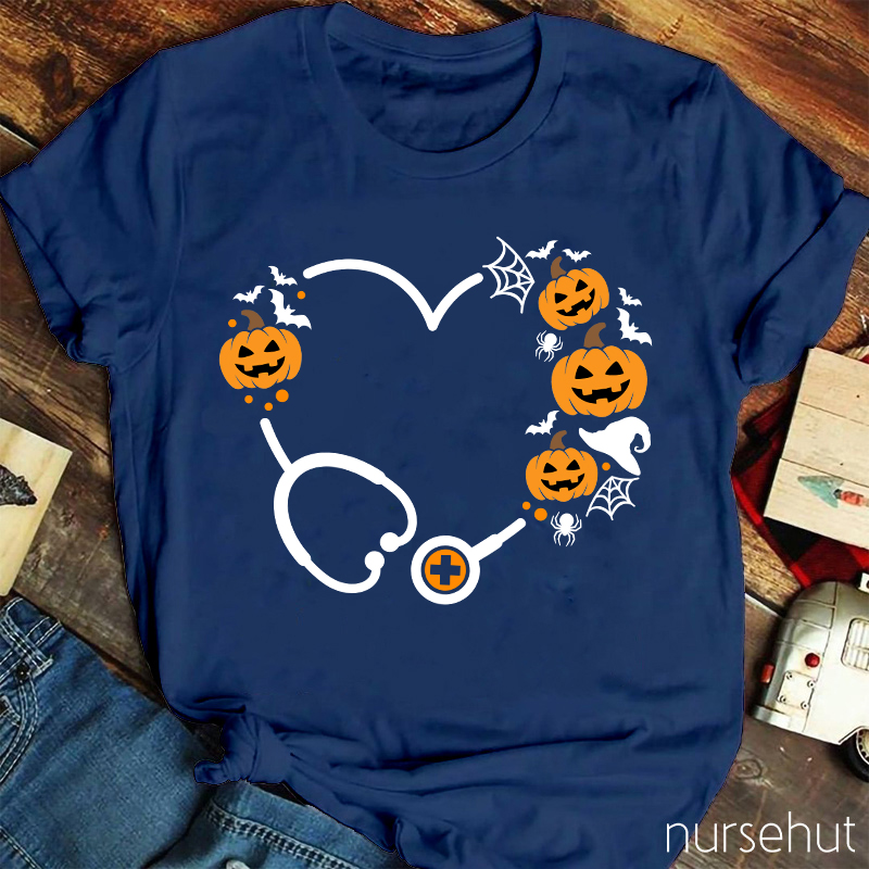 Halloween Pumpkin Stethoscope Heart Nurse T-Shirt