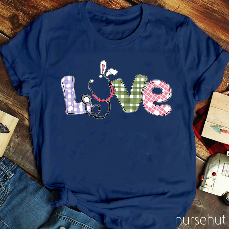 Colorful Plaid Bunny Ears Nurse T-Shirt