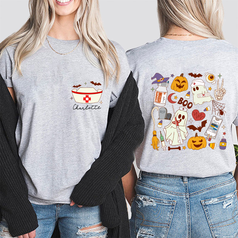 Personalized Name Halloween Boo Nurse Two Sided T-Shirt