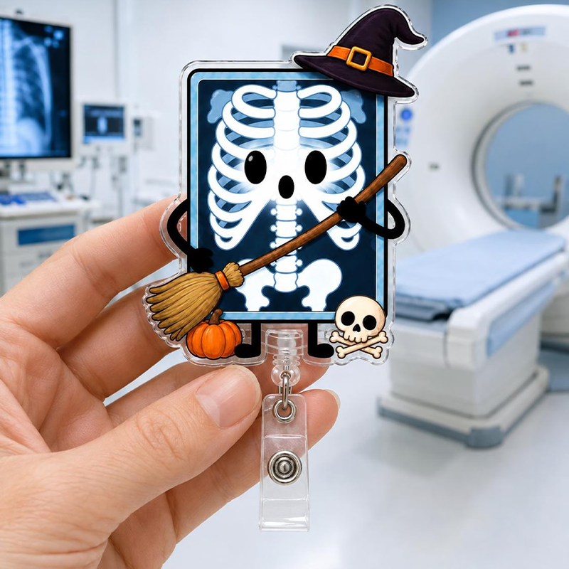 Halloween X‑Ray Skeleton Witch Hat Broom Pumpkin Badge Reel