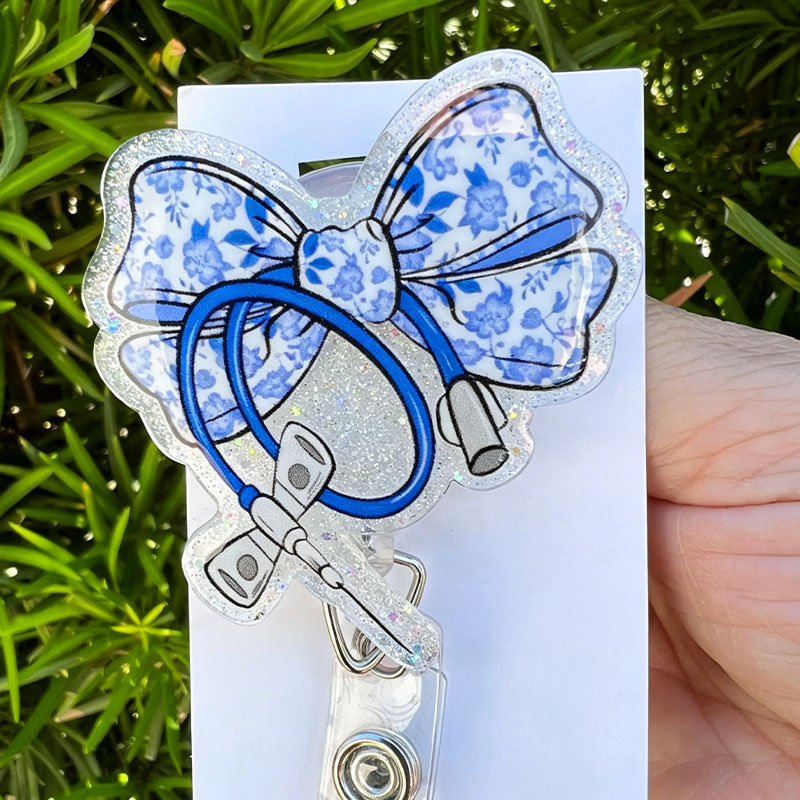 Floral Croquette Lab Bow Nurse Badge Reel