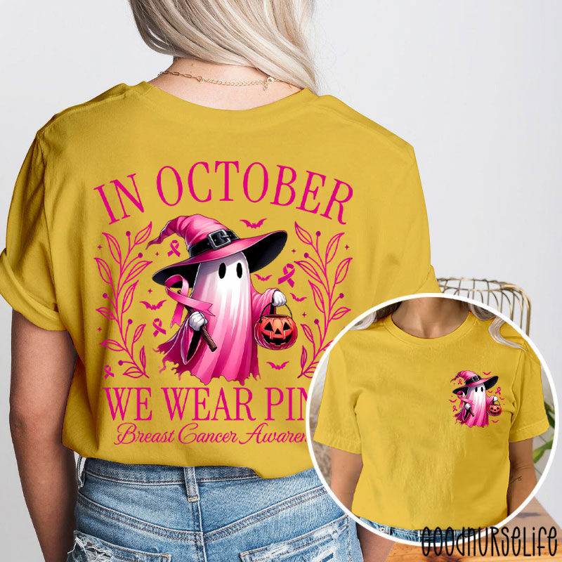 Halloween Beautifully Ghost Picture Breast Cancer Awareness Two Sided T-Shirt