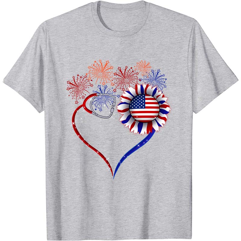 Fireworks Sunflower Stethoscope Nurse T-Shirt