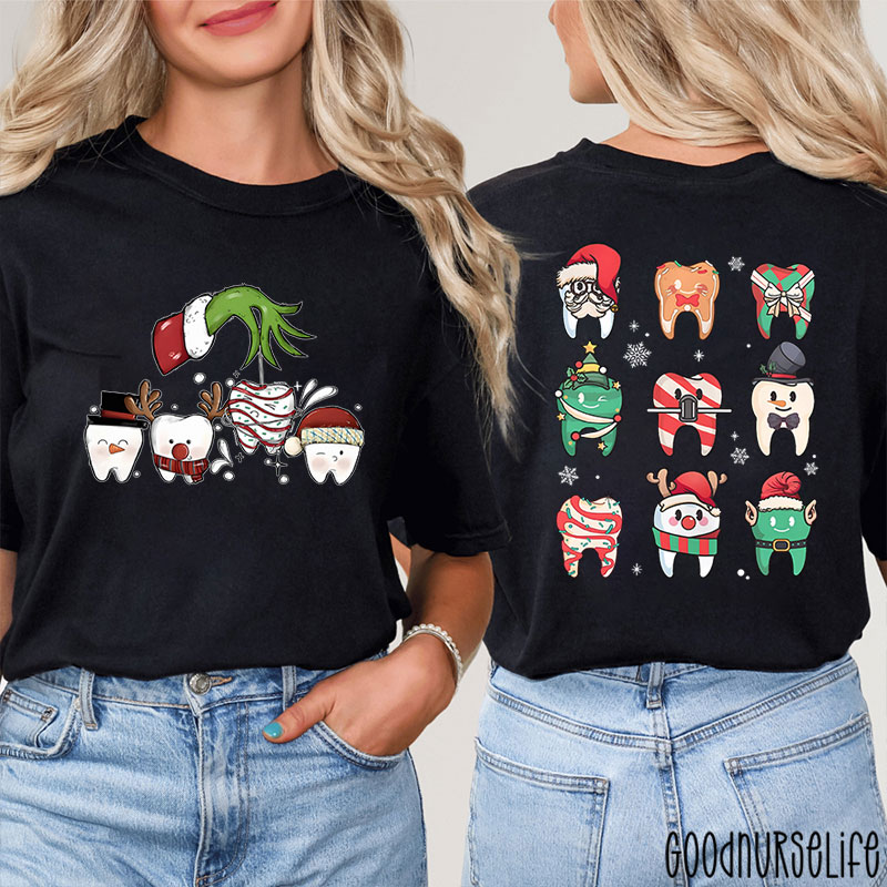 Santa Teeth Green Hand Christmas Nurse Two Sided T-Shirt