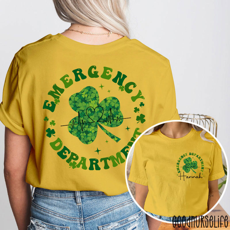 Personalized Green Clover Emergency Department Nurse Two Sided T-Shirt