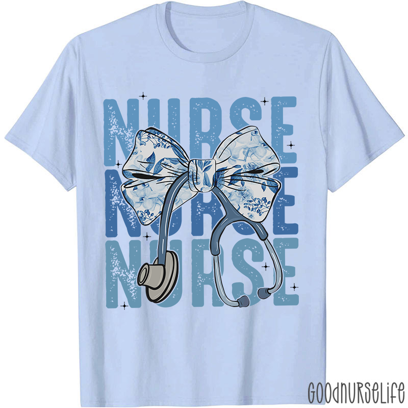 Blue Flowers Stethoscope Nurse T-Shirt