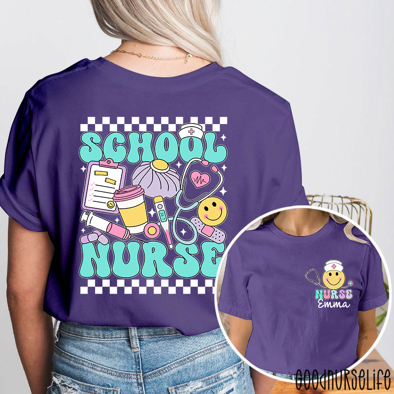 Personalized Checkerboard Smiley Face School Nurse Two Sided T-Shirt