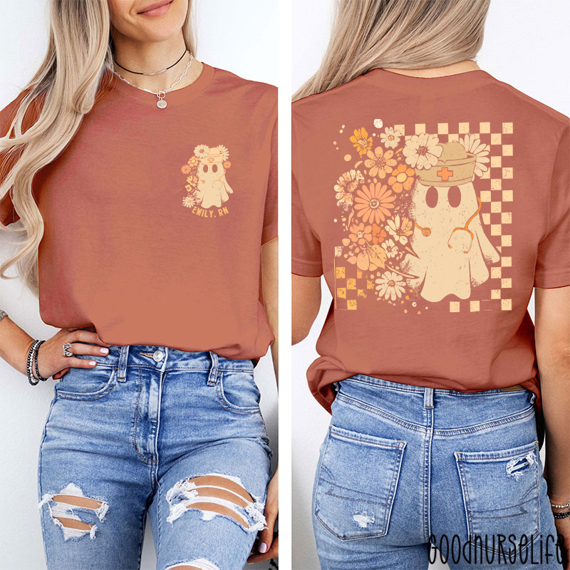Personalized Checkerboard And Flower Ghost Nurse Two Sided T-Shirt