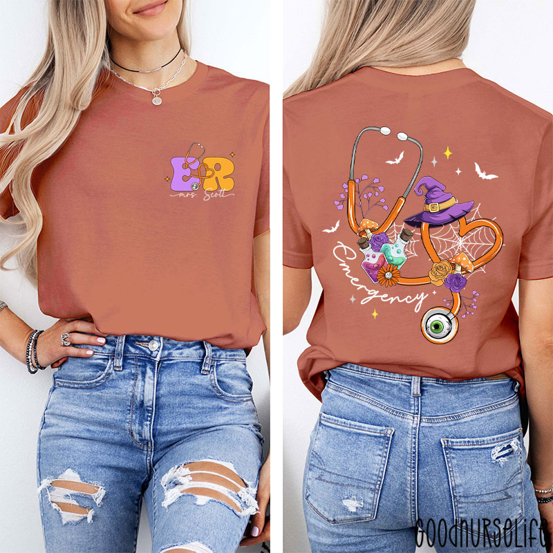 Personalized Halloween Stethoscope Emergency Two Sided T-Shirt