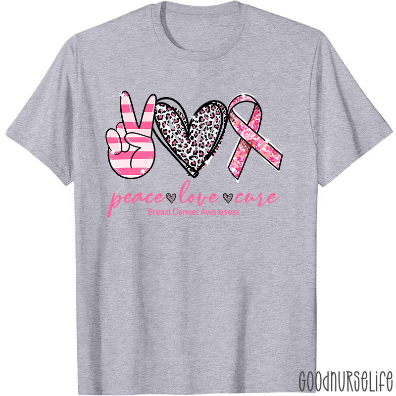 Heart Shape Peace Love Cure Breast Cancer Awareness T-Shirt