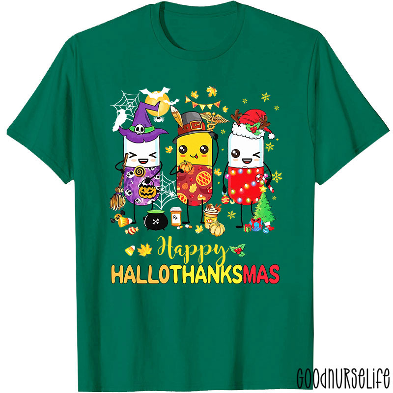 Pharmacy Holiday HalloThanksMas Pill Characters T-Shirt