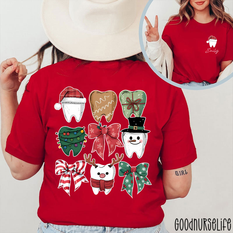 Personalized Christmas Dental Festive Tooth Nurse Two Sided T-Shirt