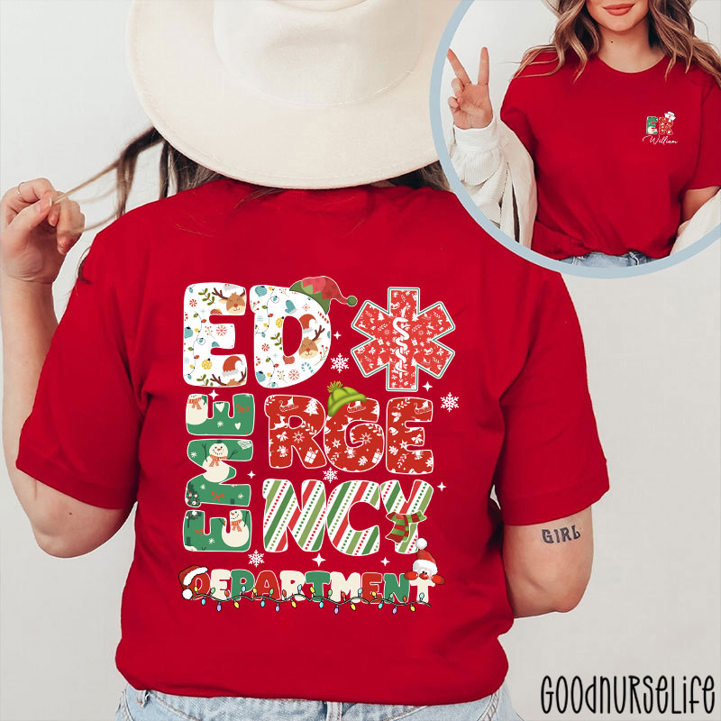 Personalized Festive ED Urgency Nurse Two Sided T-Shirt
