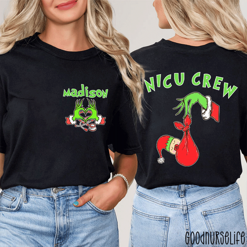 Personalized Name Holiday NICU Crew Nurse Two Sided T-Shirt