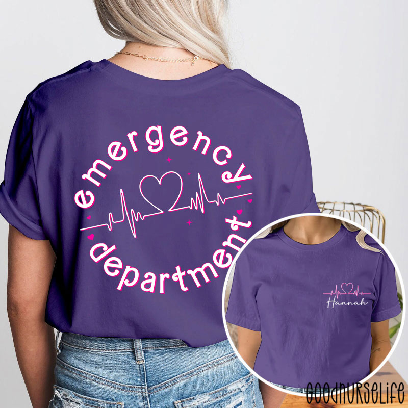 Personalized Name Heart Emergency Department Nurse Two Sided T-Shirt