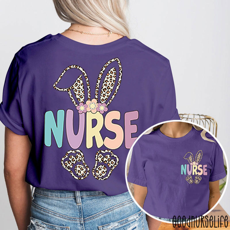 Leopard Bunny Hoppy Easter Nurse Two Sided T-Shirt