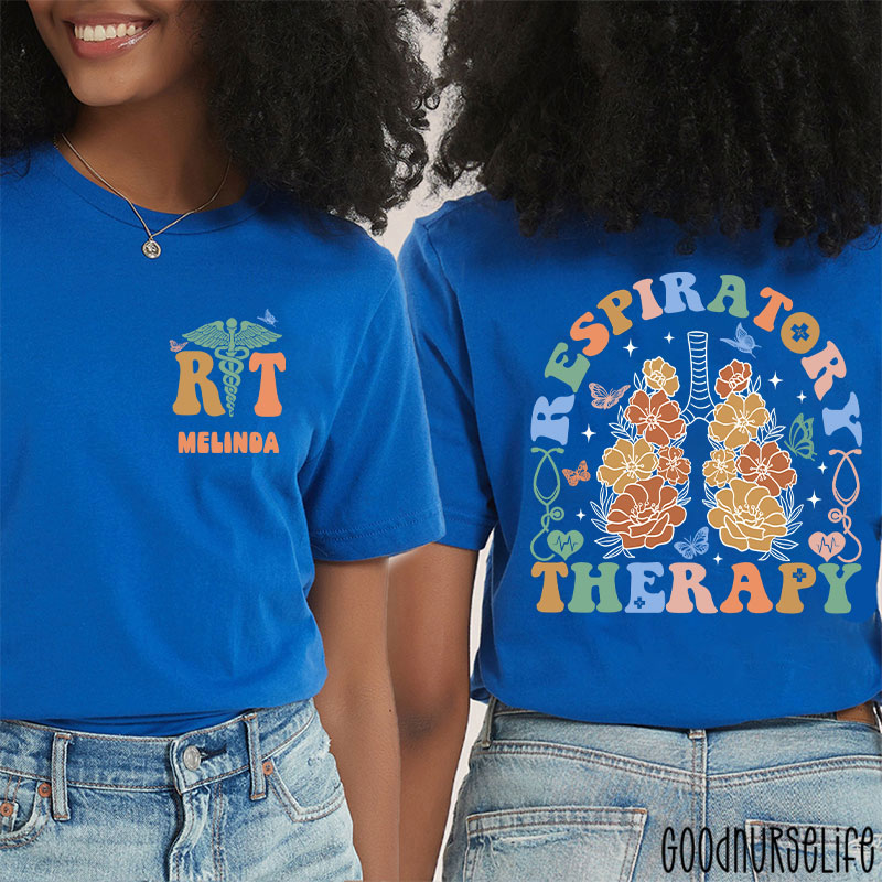 Personalized Name Flower Respiratory Therapy Two Sided T-Shirt