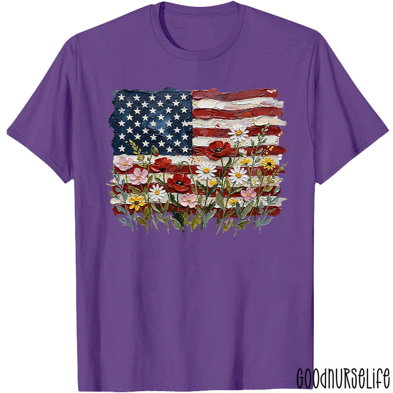 American Flag Floral Nurse T-Shirt
