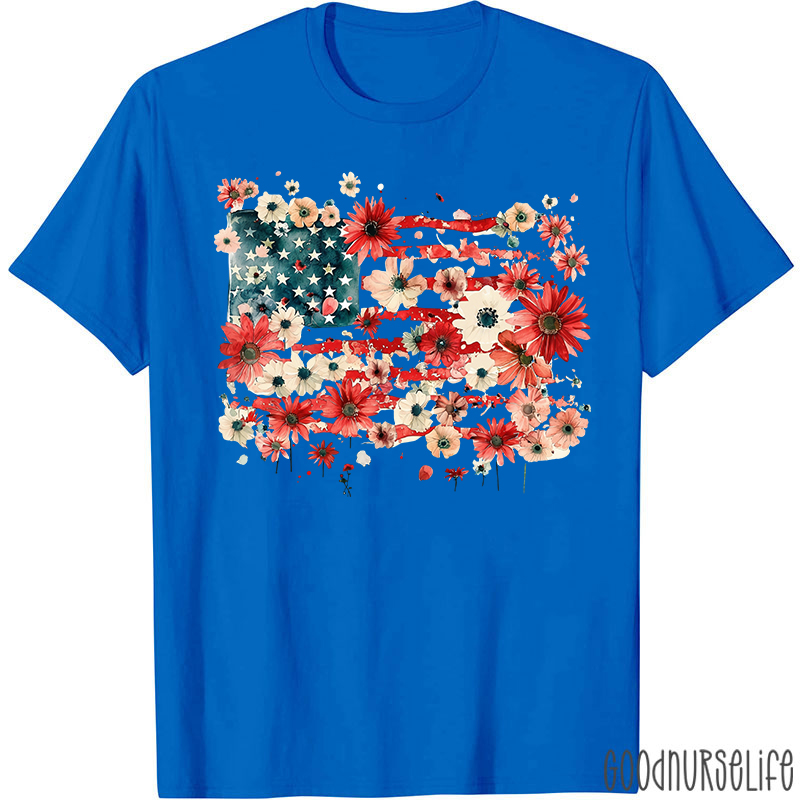 American Flag Floral Nurse T-Shirt