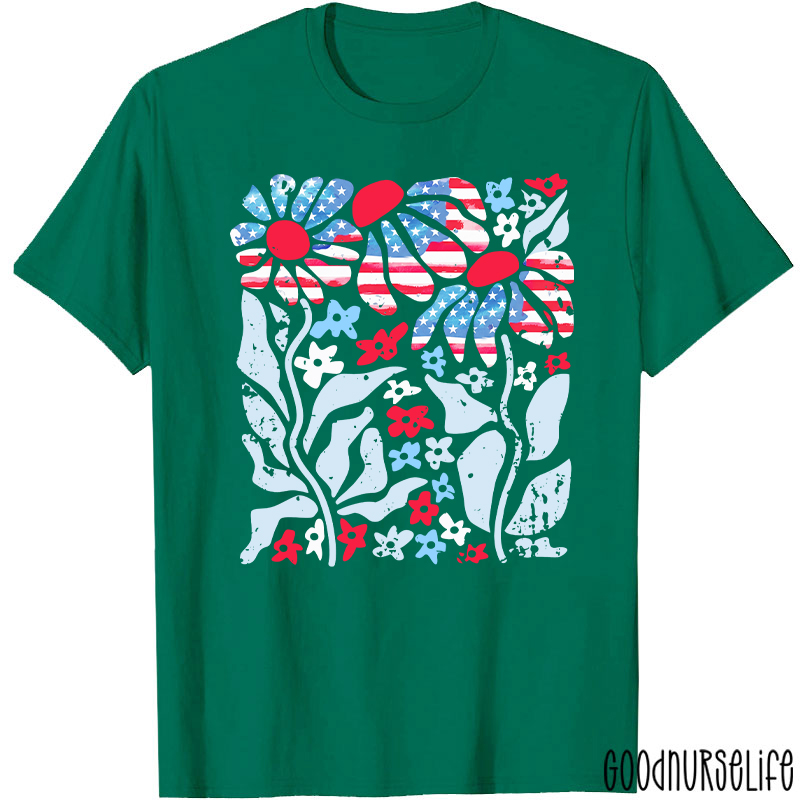 Boho Patriotic Daisy American Flag Floral Nurse T-Shirt