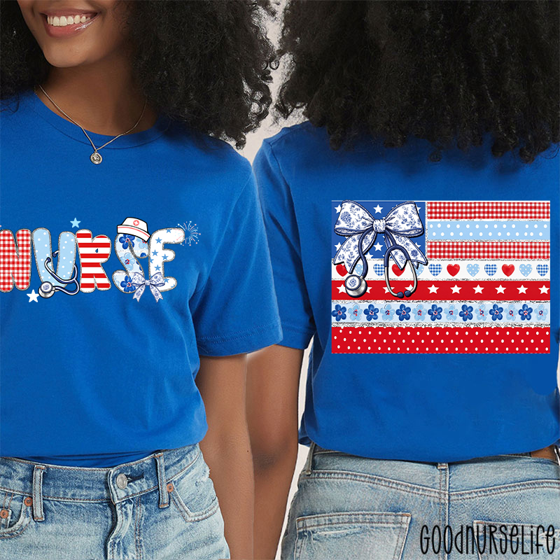 American Flag Floral Nurse Two Sided T-Shirt