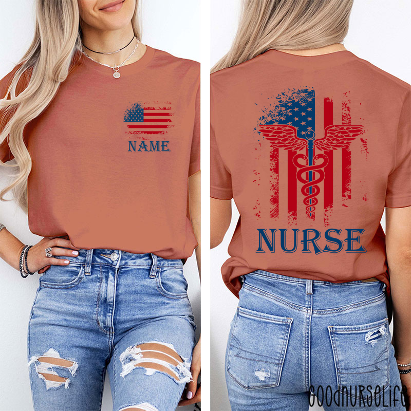 Personalized Name American Flag 4th Of July Nurse Two Sided T-Shirt
