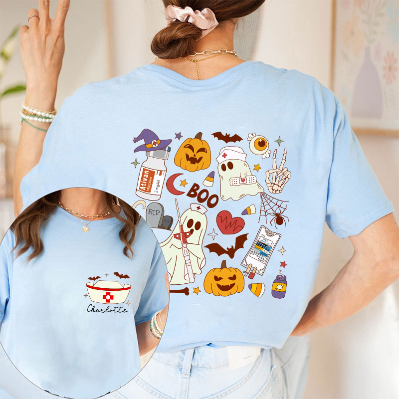 Personalized Name Halloween Boo Nurse Two Sided T-Shirt