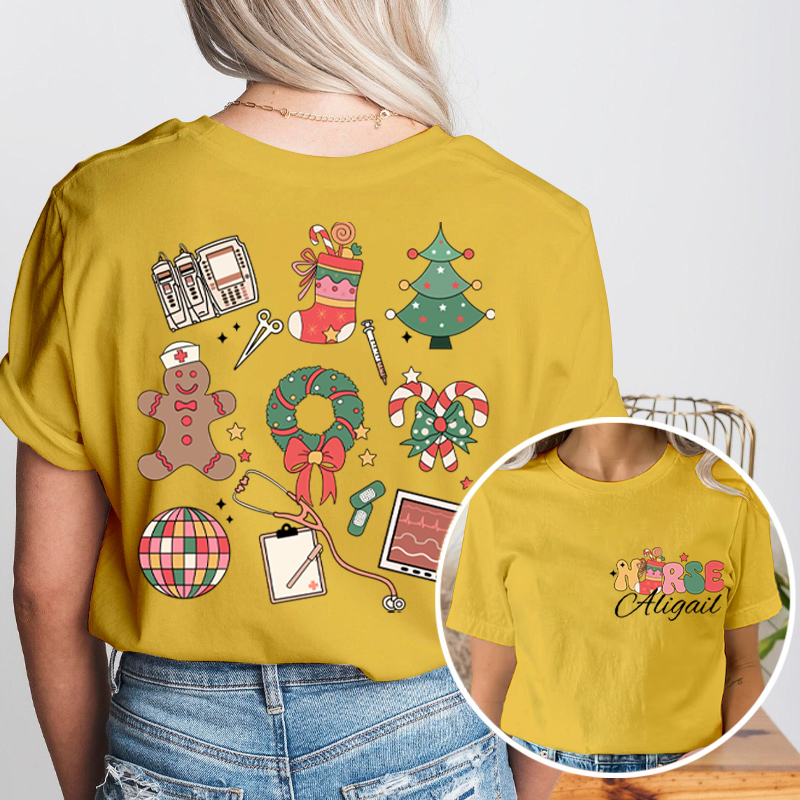 Personalized Name Merry Christmas Nurse Two Sided T-Shirt