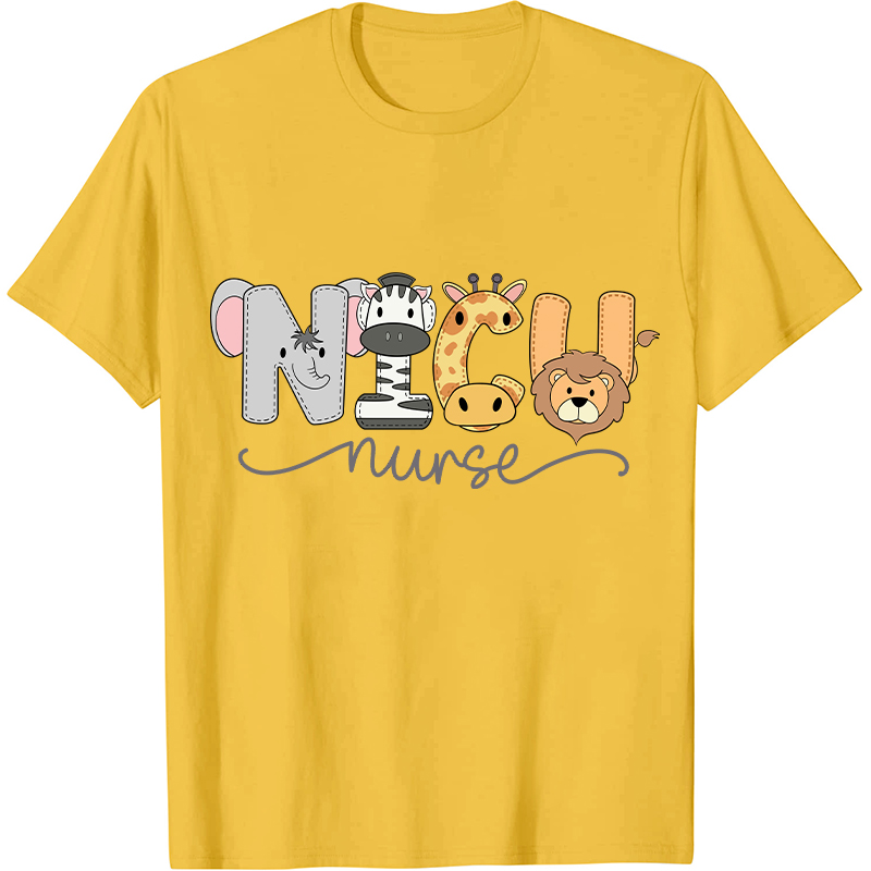 NICU Cartoon Zoo Animals Nurse T-Shirt