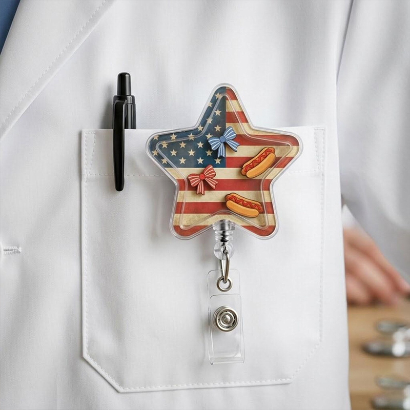 American Flag Patriotic Nurse Shaker Badge Reel