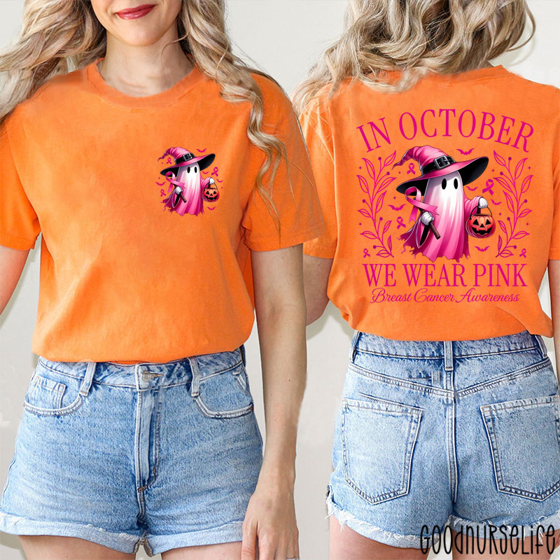 Halloween Beautifully Ghost Picture Breast Cancer Awareness Two Sided T-Shirt