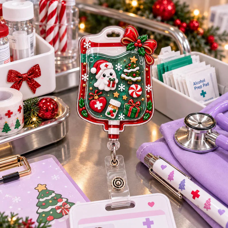 Christmas Ghost Nurse IV Bag Retractable Shaker Badge Reel