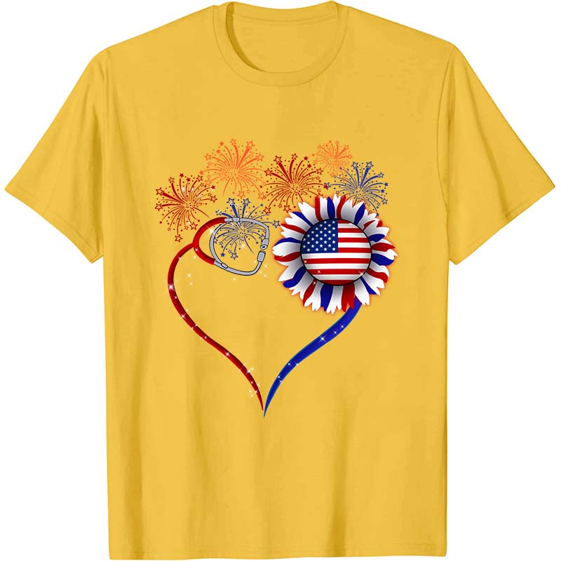 Fireworks Sunflower Stethoscope Nurse T-Shirt