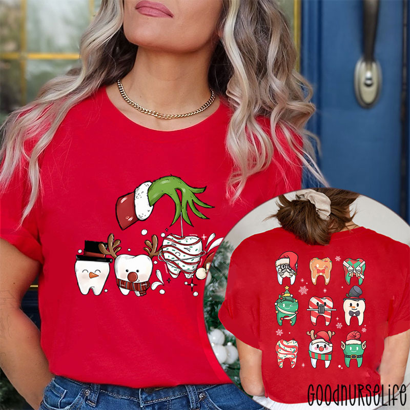 Santa Teeth Green Hand Christmas Nurse Two Sided T-Shirt