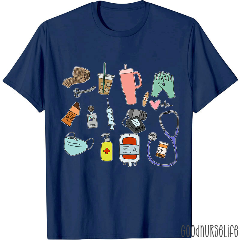 Stethoscope Coffee Mask Syringe Phone Nurse Daily Nurse T-Shirt