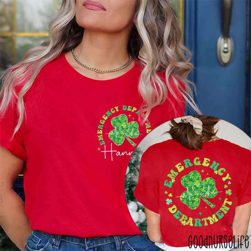 Personalized Green Clover Emergency Department Nurse Two Sided T-Shirt