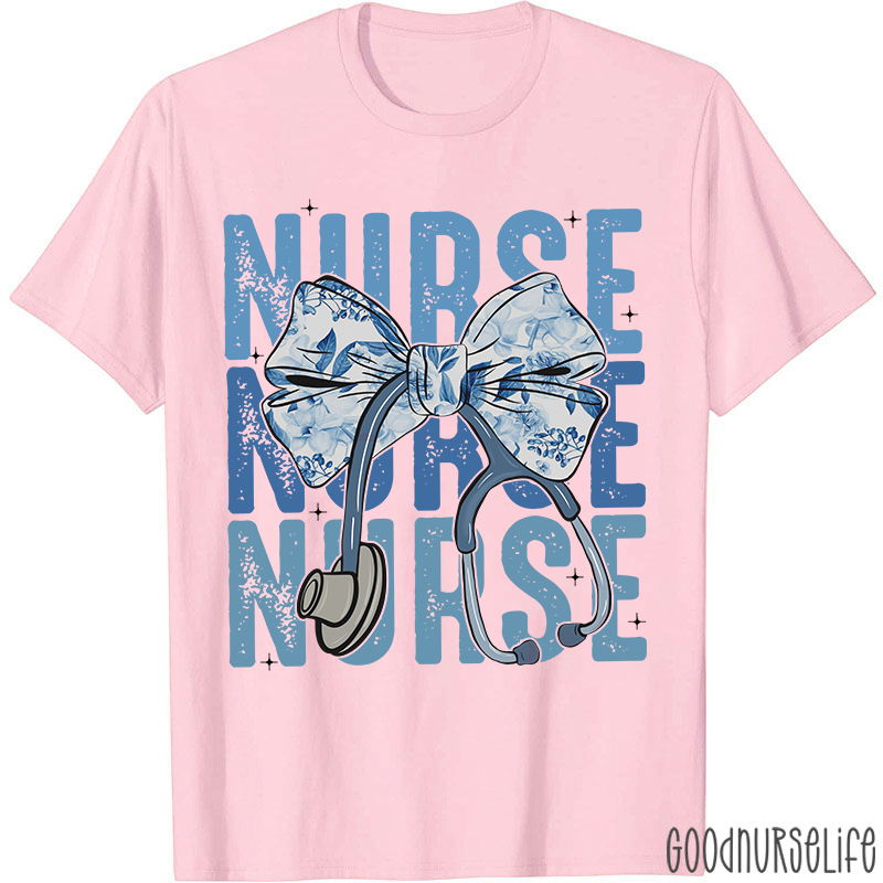 Blue Flowers Stethoscope Nurse T-Shirt