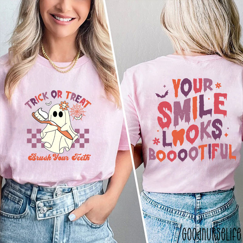 Trick Or Treat Brush Your Teeth Dentist Halloween Two Sided T-Shirt