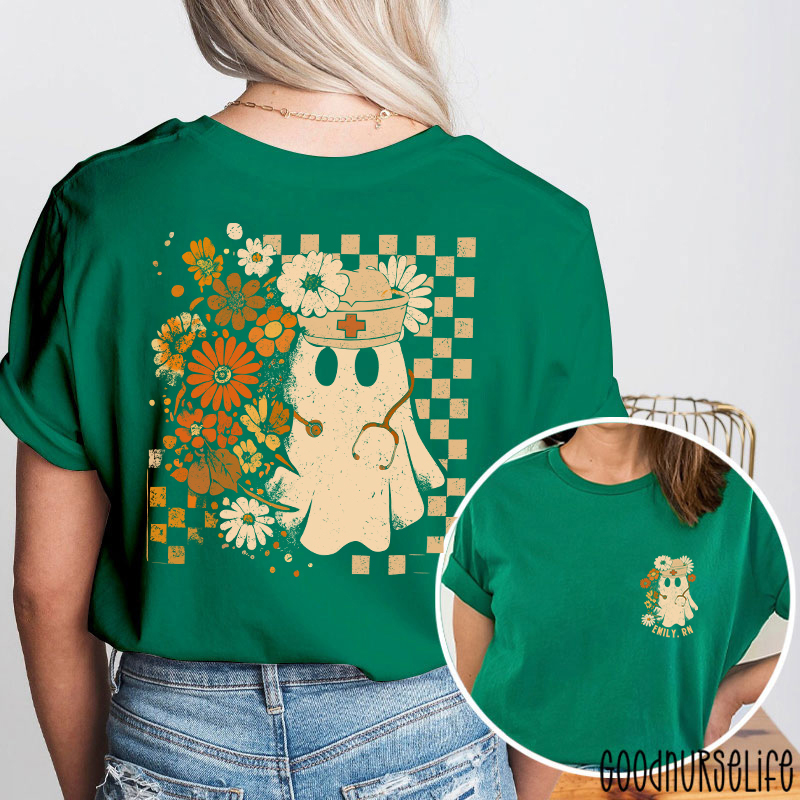 Personalized Checkerboard And Flower Ghost Nurse Two Sided T-Shirt