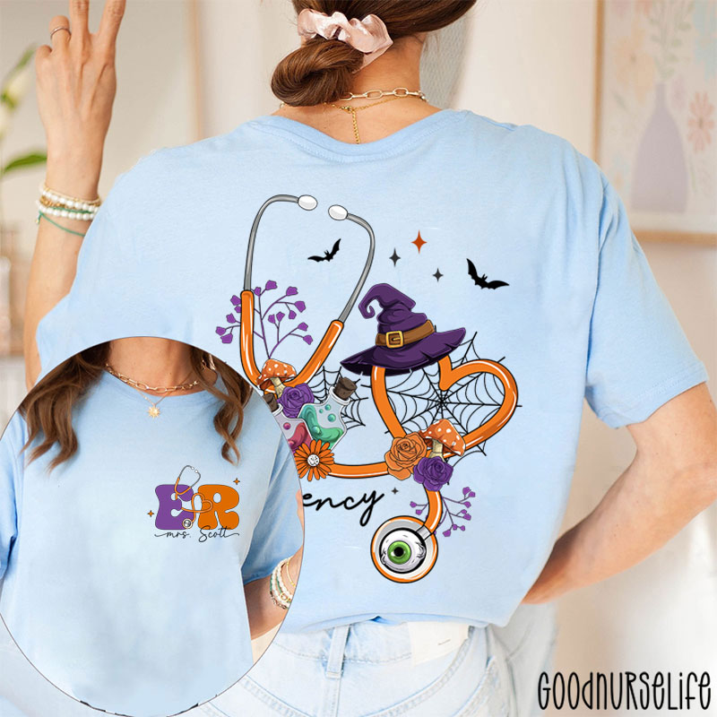 Personalized Halloween Stethoscope Emergency Two Sided T-Shirt