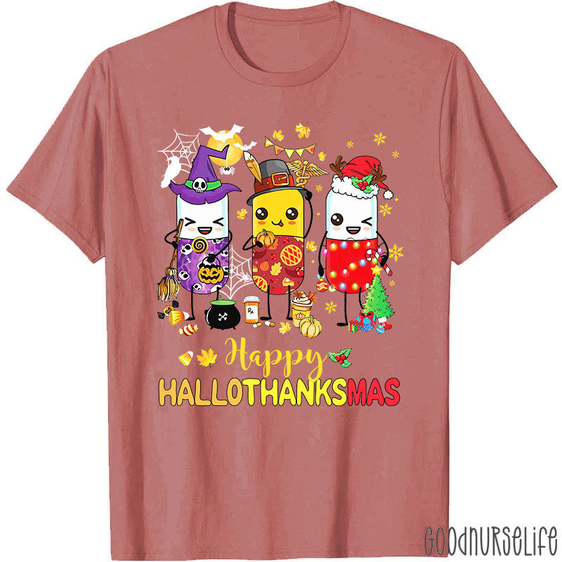 Pharmacy Holiday HalloThanksMas Pill Characters T-Shirt