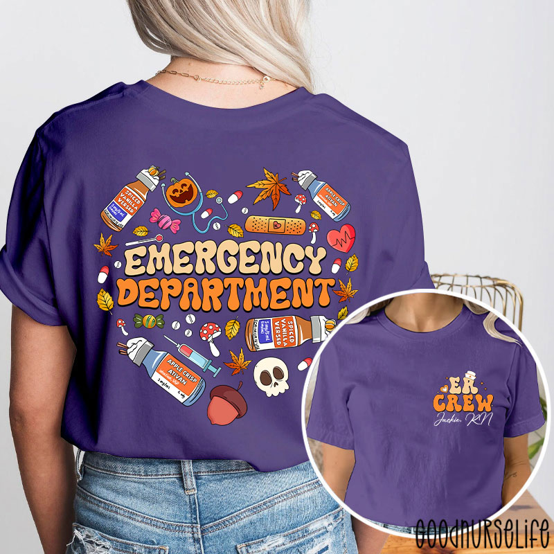 Personalized Autumn Heart Emergency Department Nurse Two Sided T-Shirt