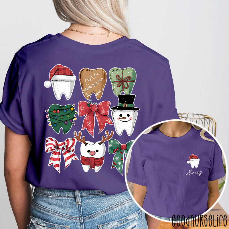 Personalized Christmas Dental Festive Tooth Nurse Two Sided T-Shirt